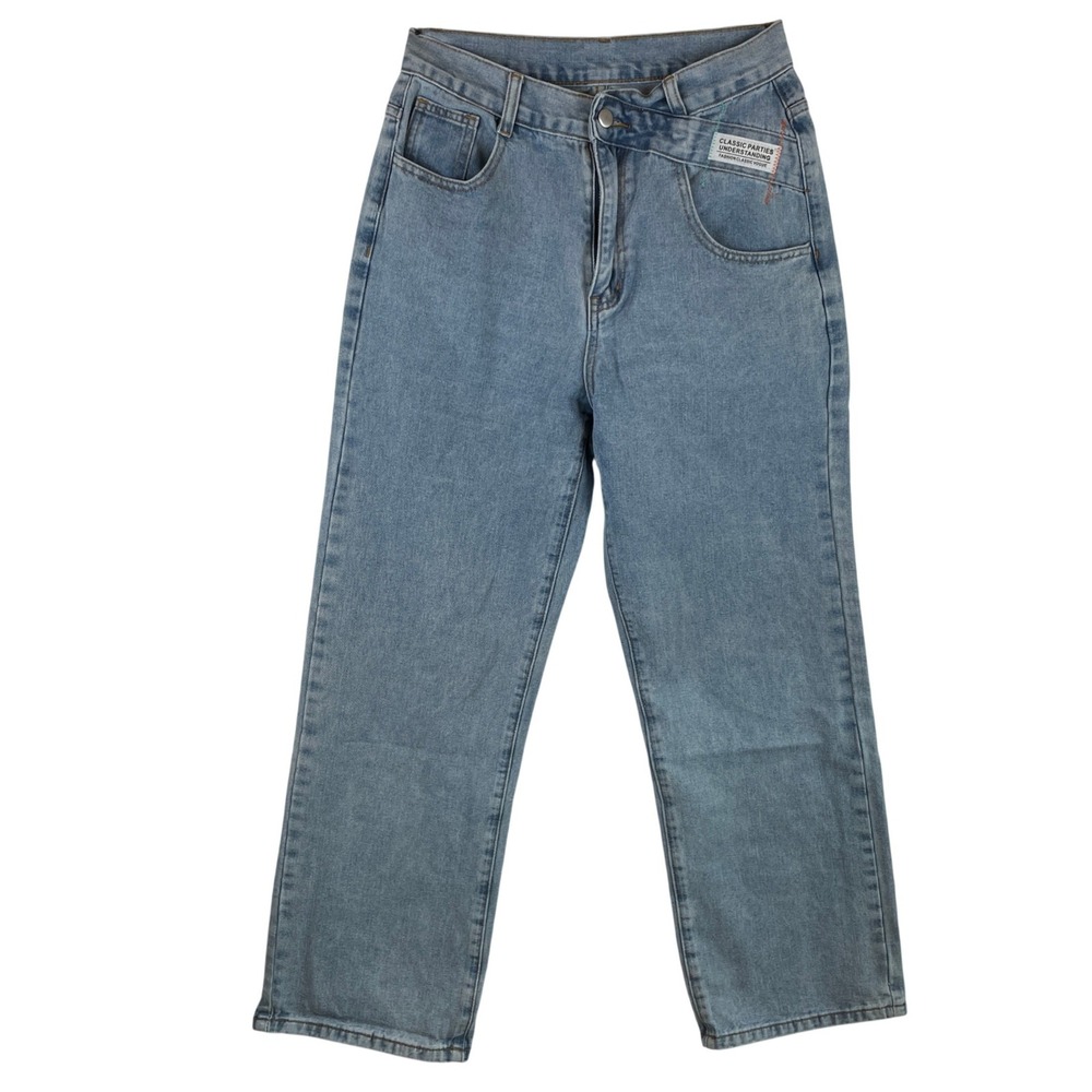 Dazy Light Wash Asymmetric Crossover Waist Straight Leg Jeans Blue Size L‎